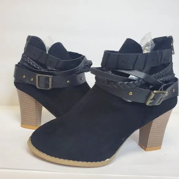 Heli Black Buckle-Strap Bootie Women's Faux Leather Block Heel US 8 - Picture 1 of 6